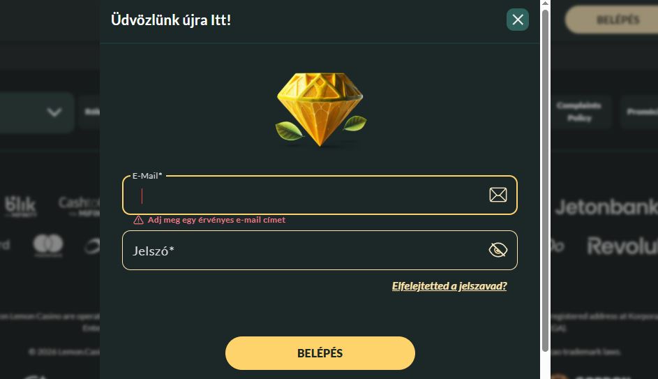 Jelentkezz be Lemon Casino fiókodba e-mail és jelszó megadásával 